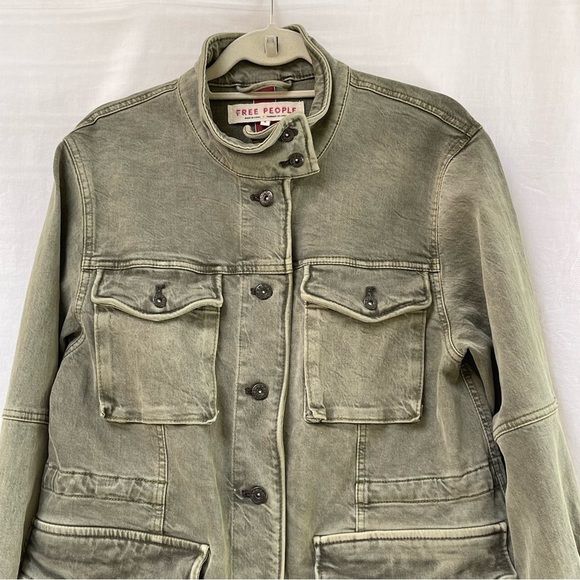 Free People Harley Military Denim Jean Jacket Women Medium Green Boho Travel - Picture 3 of 13